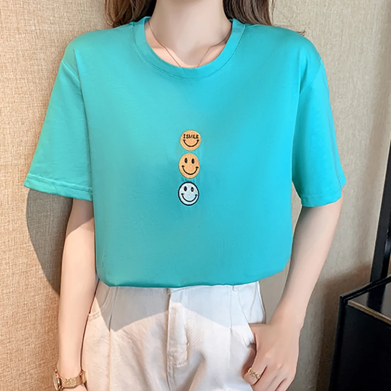 

T Shirt For Women Cotton O Neck Loose Thin Short Sleeve Casual Tops Femme Solid Simple Embroidery Summer New Tee T-Shirt Female