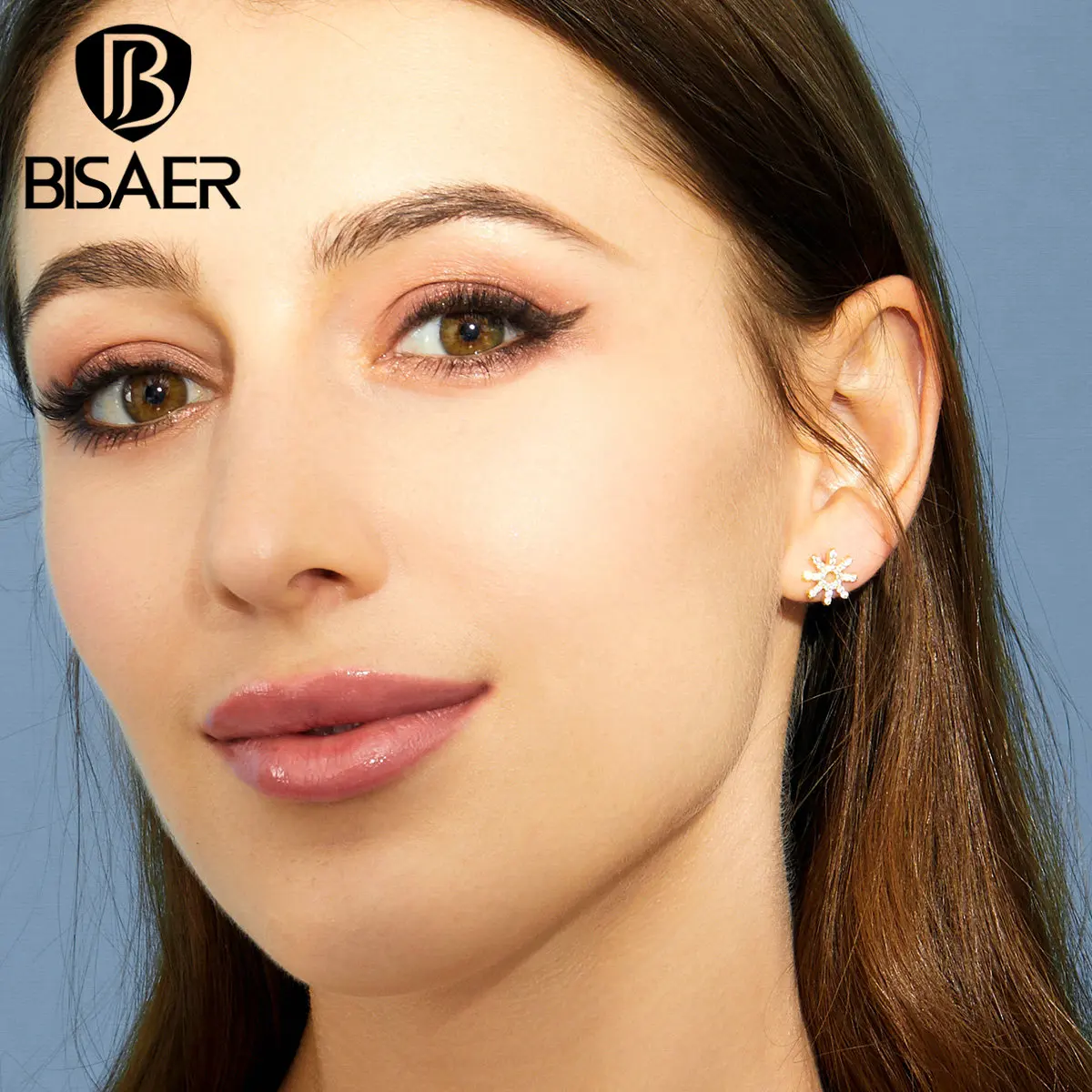

BISAER Authentic 100% 925 Sterling Silver Sparkling Star CZ Stud Earrings For Women Fashion Silver Jewelry HVE257