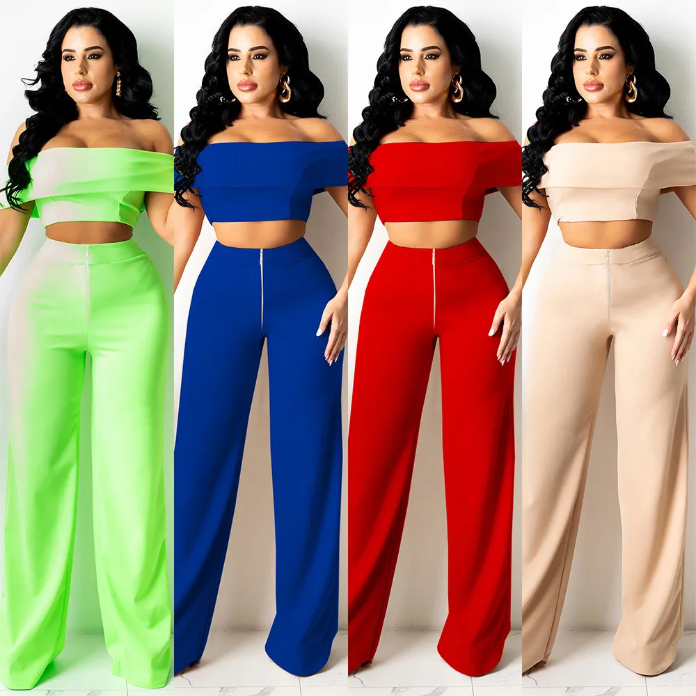 

Fluorescent Color Women Two Piece Pant Suit Off The Shoulder Backless Crop Top and Wide Leg Trouser Office Lady Chic Clothing