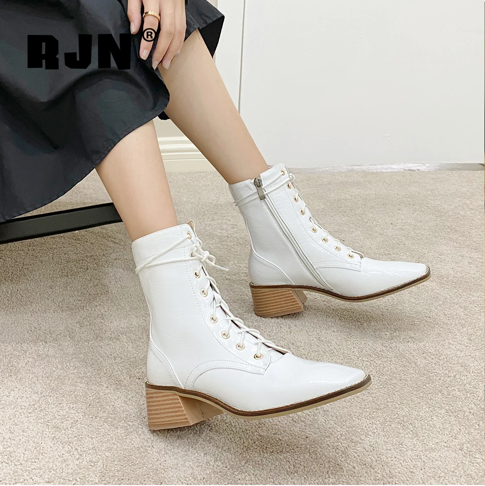 Jual RJN Pergelangan Kaki Santai Sepatu Klasik Square Toe Kualitas Tinggi Kulit Paten Sepatu Mid-Heel Resleting Stylish Untuk Wanita RO263