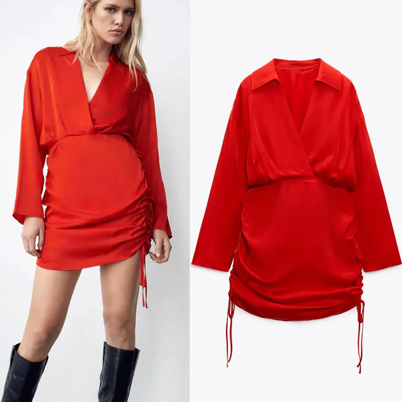 

Za Woman Elegant Draped Red Mini Dress Long Sleeve Lapel Collar Ruching Office Lady Dress Chic Female Sides Drawstrings Dresses