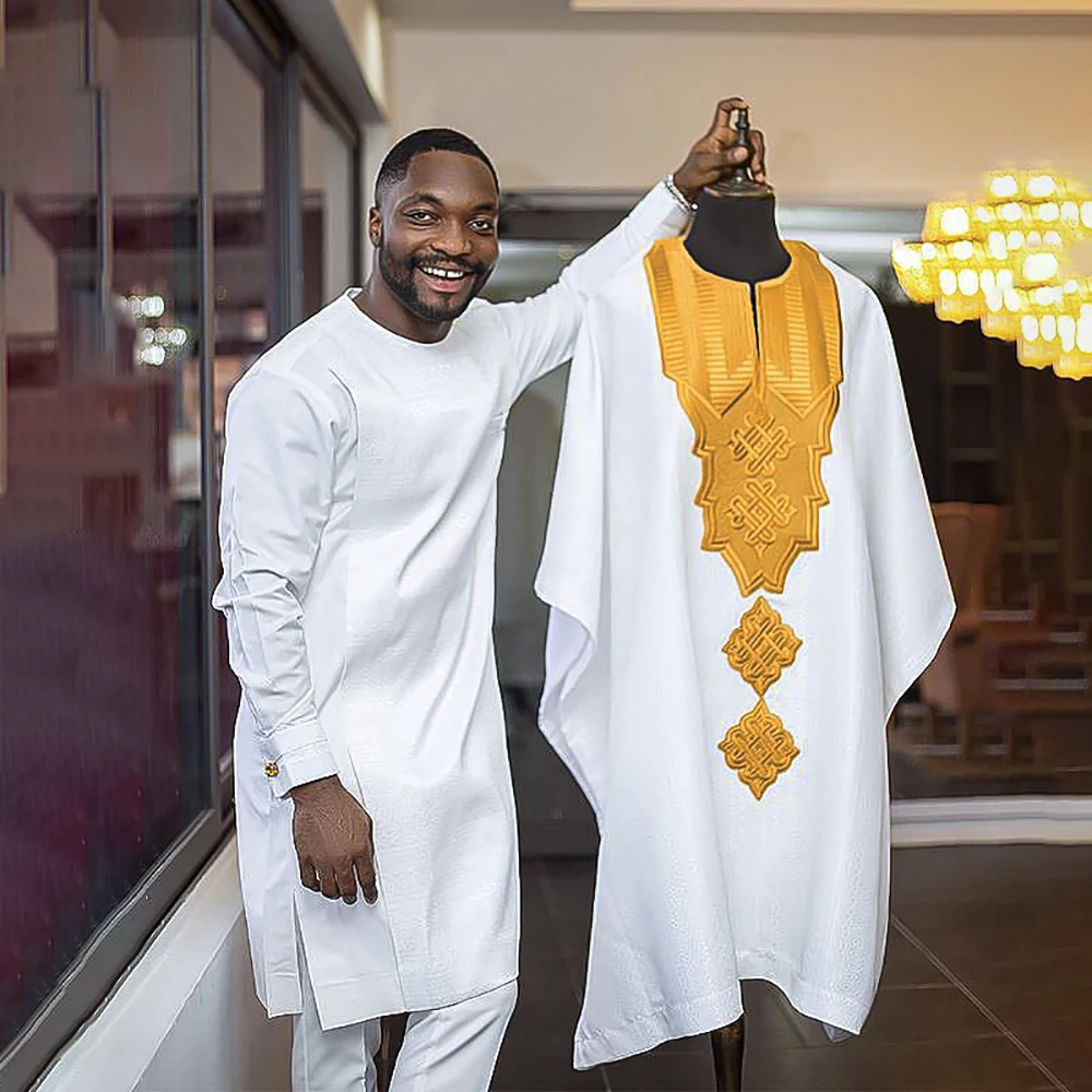 

H&D 3 PCS Set Agbada African Dashiki Men Outfit Long Sleeve Shirt Pants Robes Suit Plus Size Boubou Muslim Clothing Party Attire