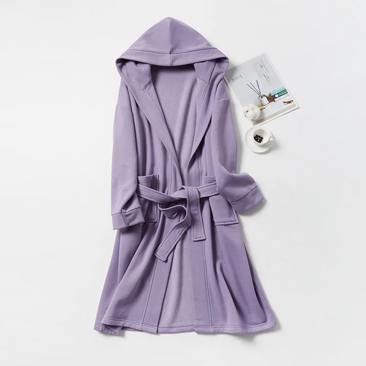 

Hooded Couple Cotton Kimono Robe Sexy V-Neck Knee-Length Nightgown Loose Bathrobe Autumn Lingerie Home Bath Wear With Belt