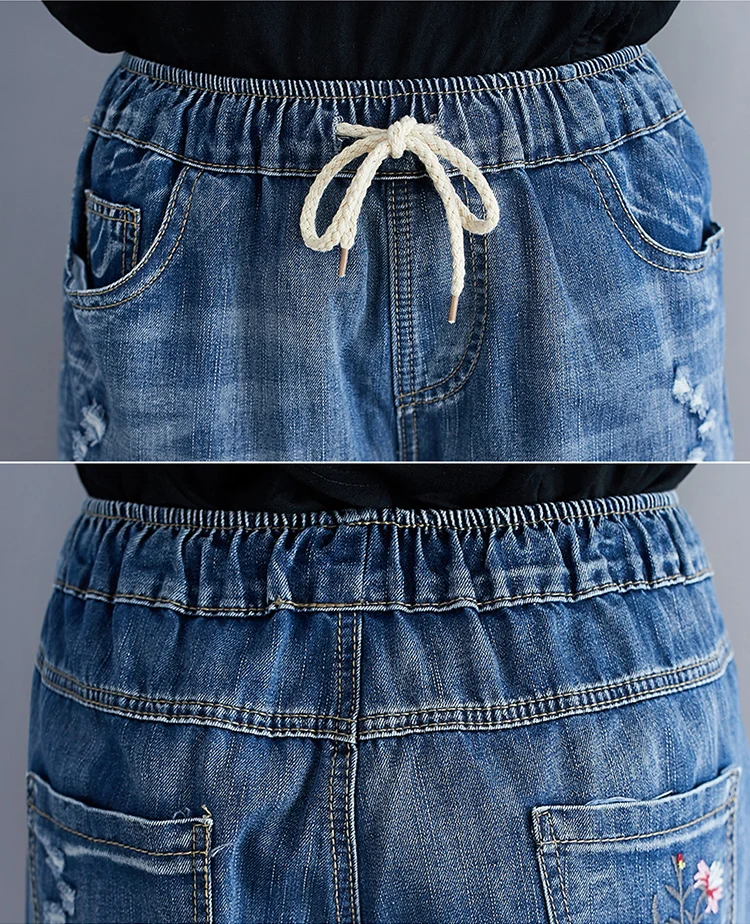 

2020 Summer Plus Size Embroidered Five-point Pants Loose Casual Wide-leg Pants Elastic High Waist Was Thin Jeans Five-point L410