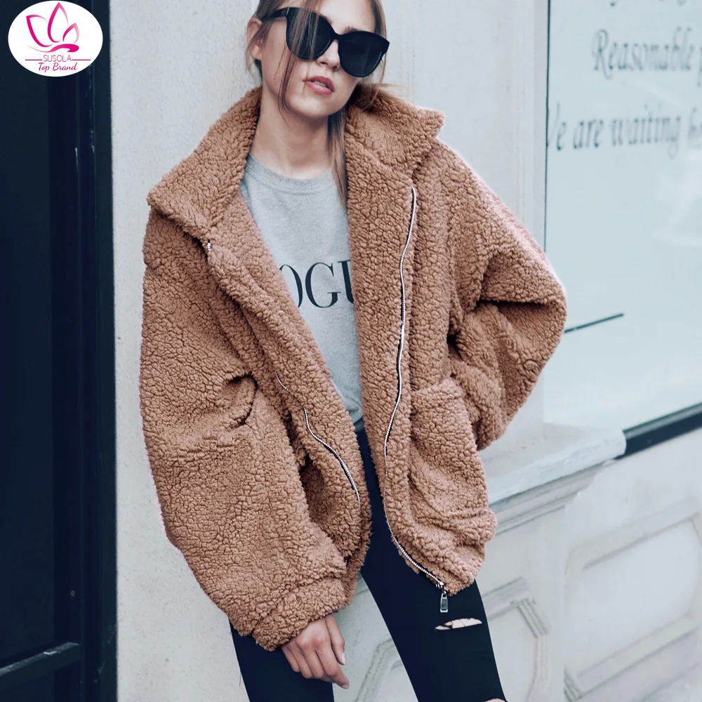 

Elegant Faux Fur Coat Women 2018 Autumn Winter Warm Soft Zipper Fur Jacket Female Plush Overcoat Pocket Casual Teddy Outwear