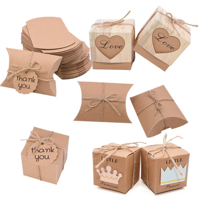 

10Pcs Kraft Paper Candy Boxes Pillow/Square Gift Box For Baby Shower Birthday Decoration Rustic Wedding Favor Packaging Supplies