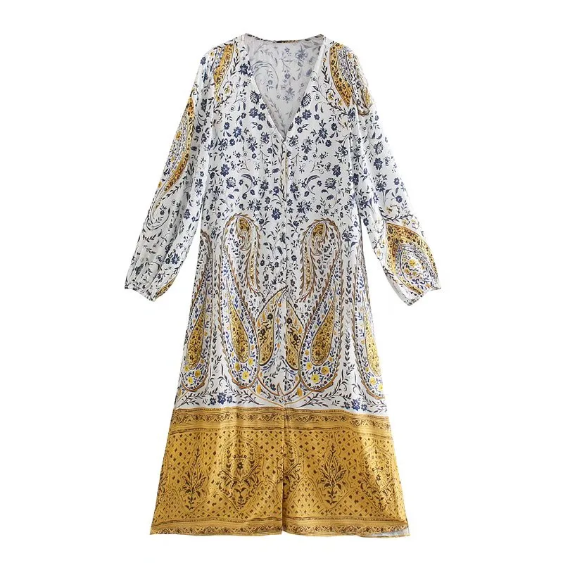 

Женское длинное платье-туника Za, винтажное плиссированное платье макси на пуговицах с длинными рукавами-фонариками и боковыми разрезами, о...