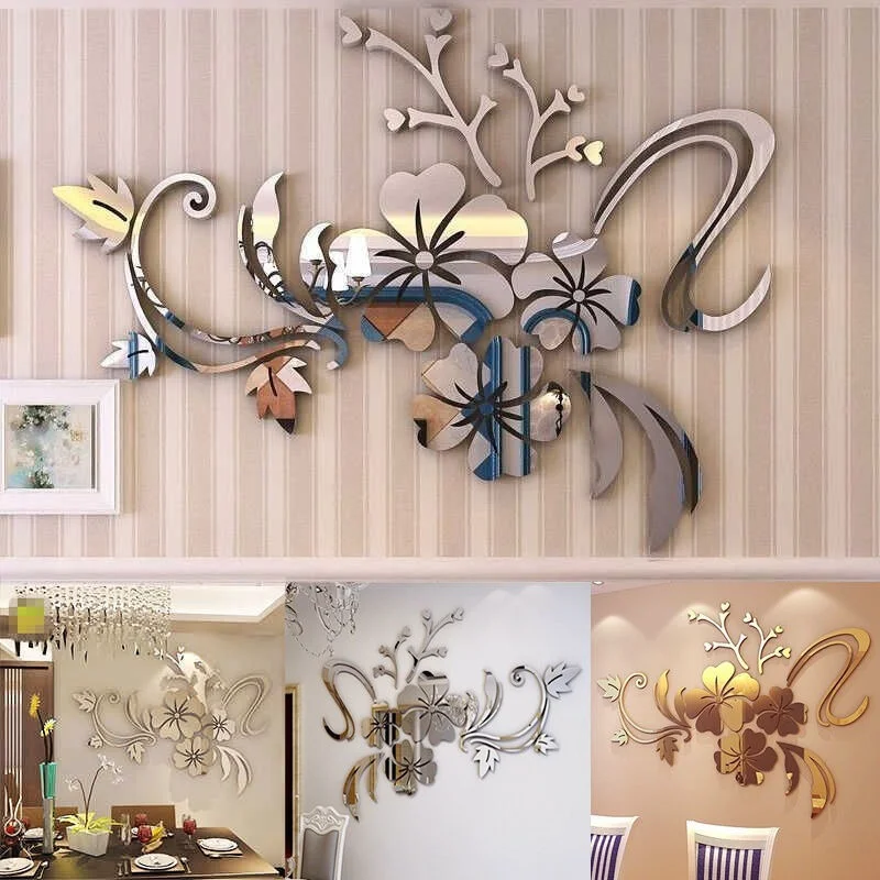 1 Set of Exquisite Flower 3D Mirror Wall Stickers Detachable Decals Art Muralist with Bedroom TV Acrylic Background Decoration | Дом и сад
