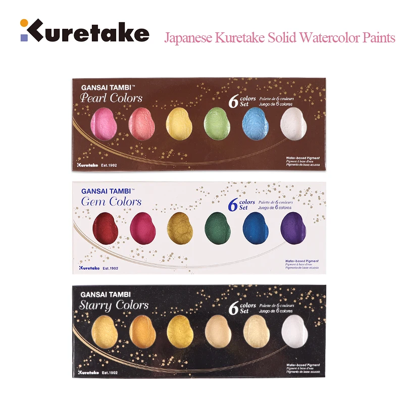 Kuretake-pinturas de acuarela sólidas, GANSAI AMBI, estrellas/perlas/gemas, 6 colores, dibujo metálico, Color agua perlada, MC20GC-6V