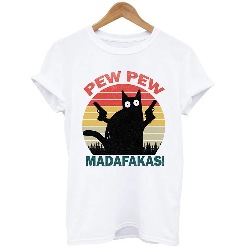 

Pew Pew Madafakas Print T-shirt Women Murderous Black Cat With Gun Funny T Shirt Short Sleeve Halloween Tops Tees Femme Tshirt
