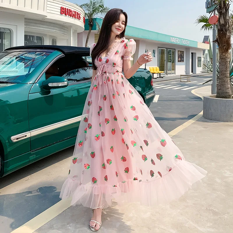 

Strawberry dress Sequined Embroidery Cascading Ruffle Maxi Dress Women summer V-neck Puff Sleeve Bow Pink Tulle Mesh Long Dress