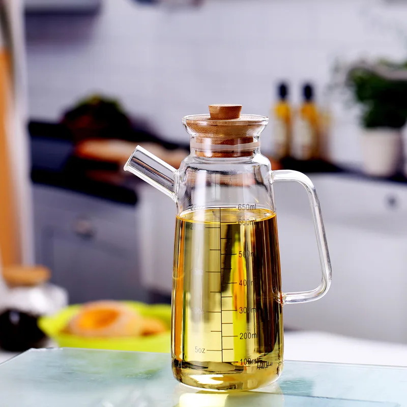 

Heat-resistant Glass Oil Pot with Scale Controllable Seasoning Vinegar Bottle with Bamboo Lid Oil Pot Practical Kitchen Supplies