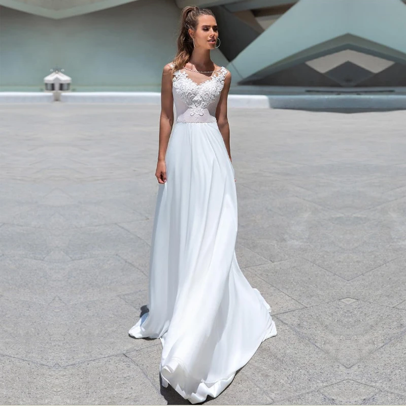 Chiffon Wedding Dress White Ivory Lace Appliques Simple Sleeveless Bride Dresses Custom Made Floor Length Vestido de Noiva