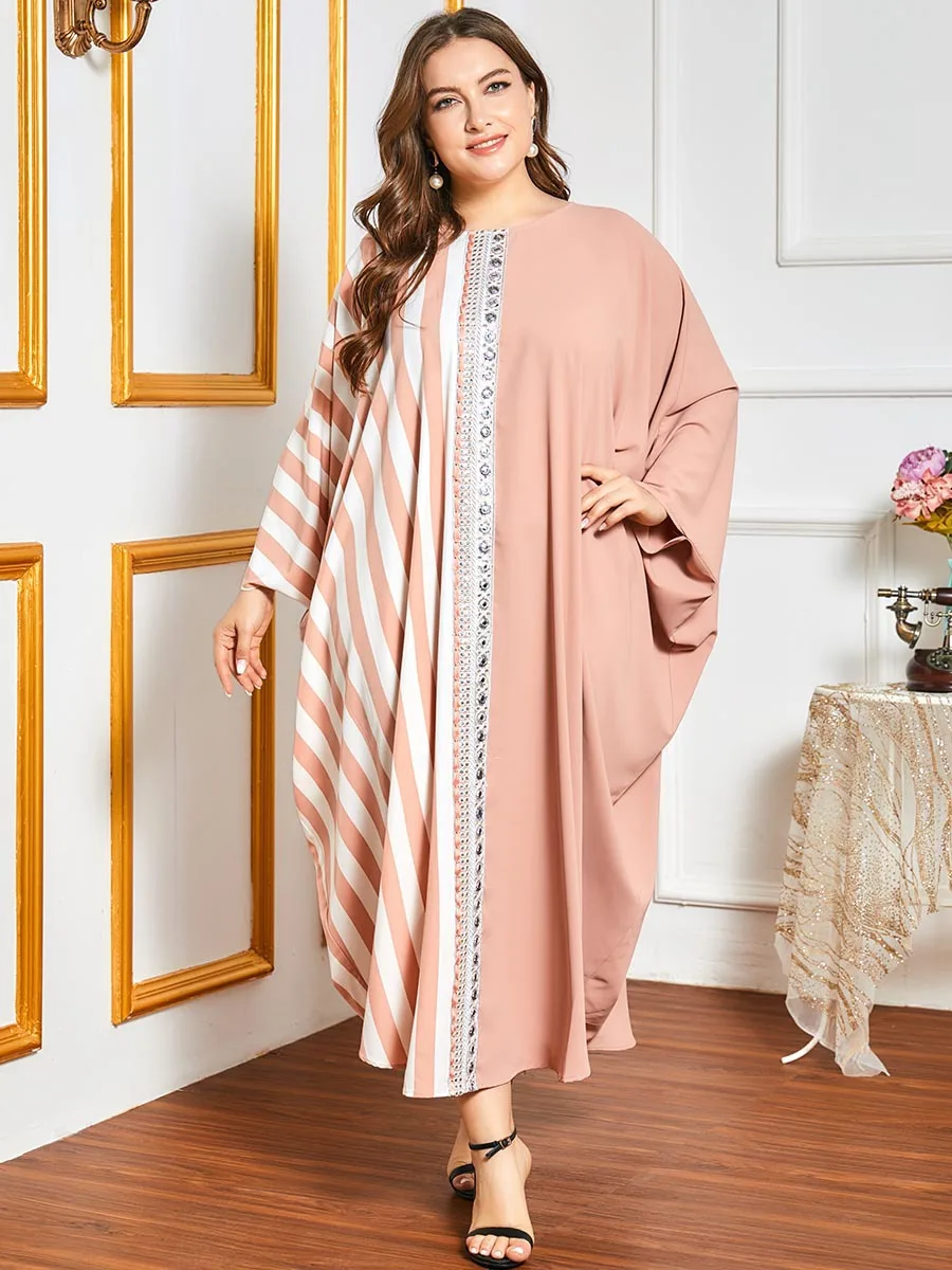 

Платье женское с рукавом летучая мышь, мусульманский длинный сарафан в полоску, в стиле пэчворк, мусульманская одежда, кафтан с широкой юбко...