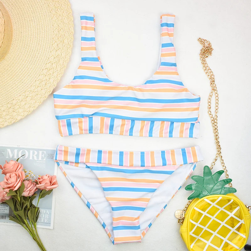 Женский комплект бикини в полоску бюстгальтер с вкладышами пуш ап + трусы высокой талией женский летний