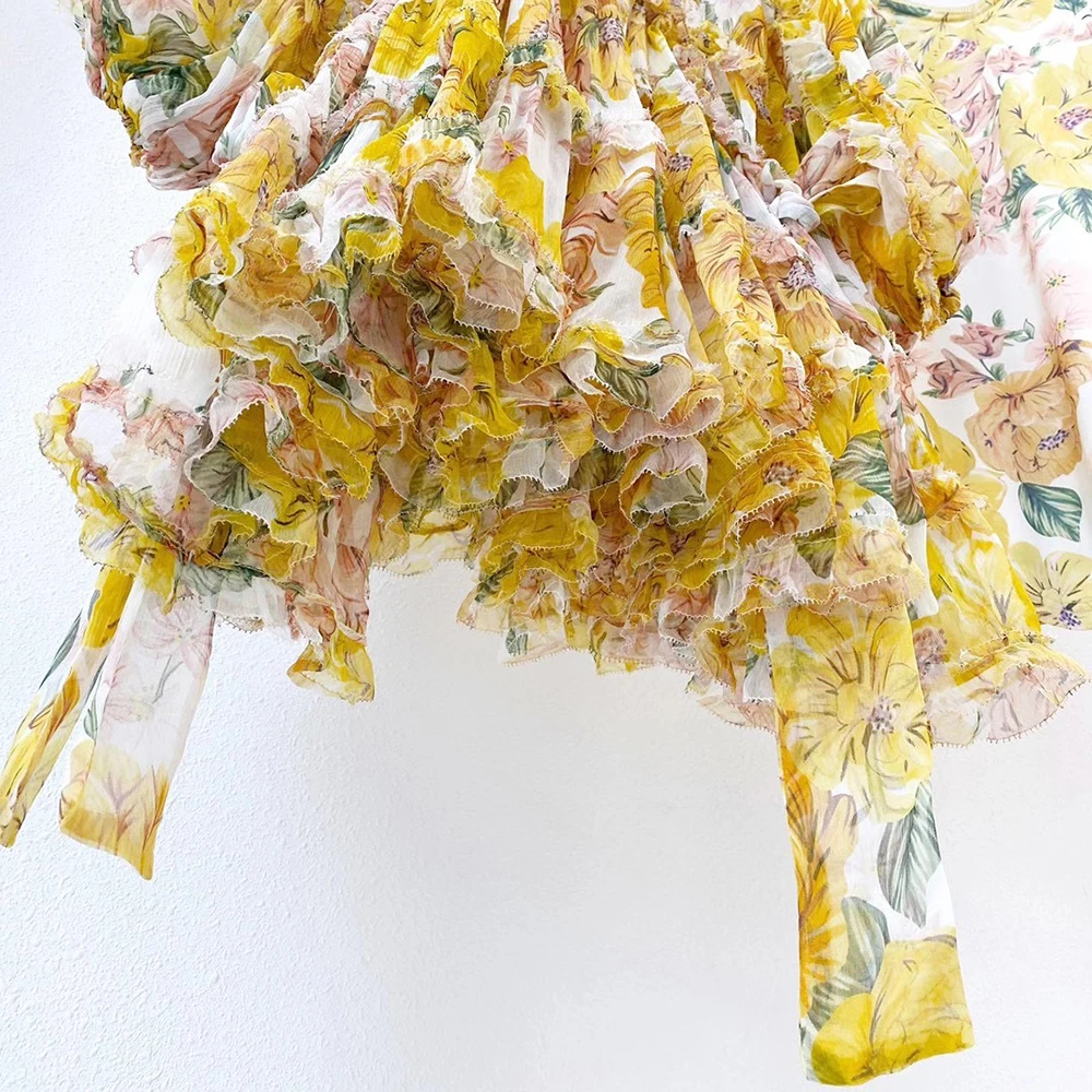 

Gedivoen Autumn Fashion Designer Short Dress Women Lantern Sleeve Floral Print Patchwork Ruffles Asymmetrical Party Dresses