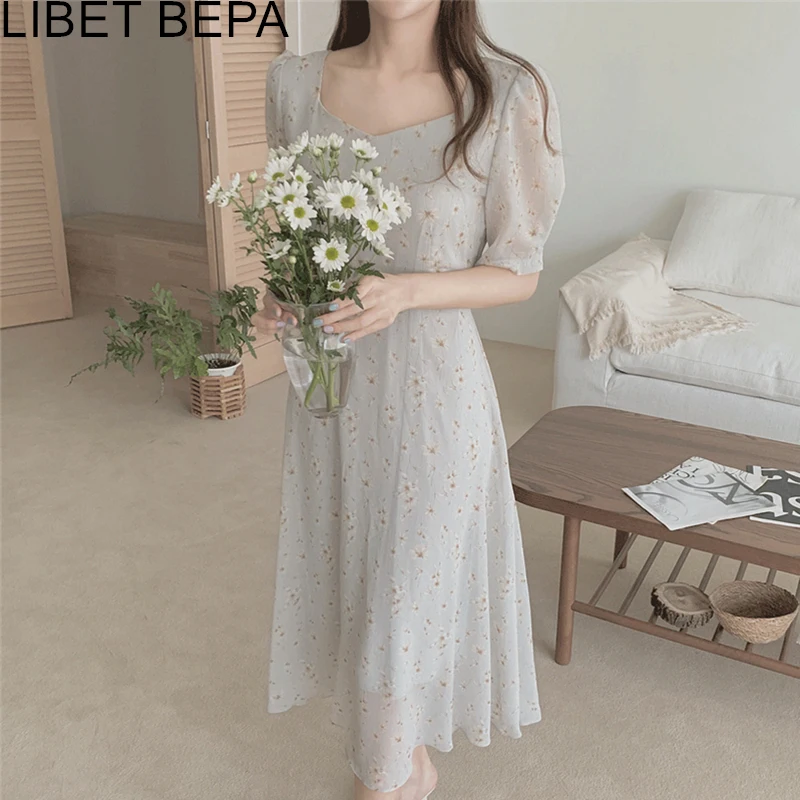 

Платье женское шифоновое с завышенной талией, повседневное длинное винтажное, с цветочным принтом, на шнуровке, в Корейском стиле, DR3370, лето ...