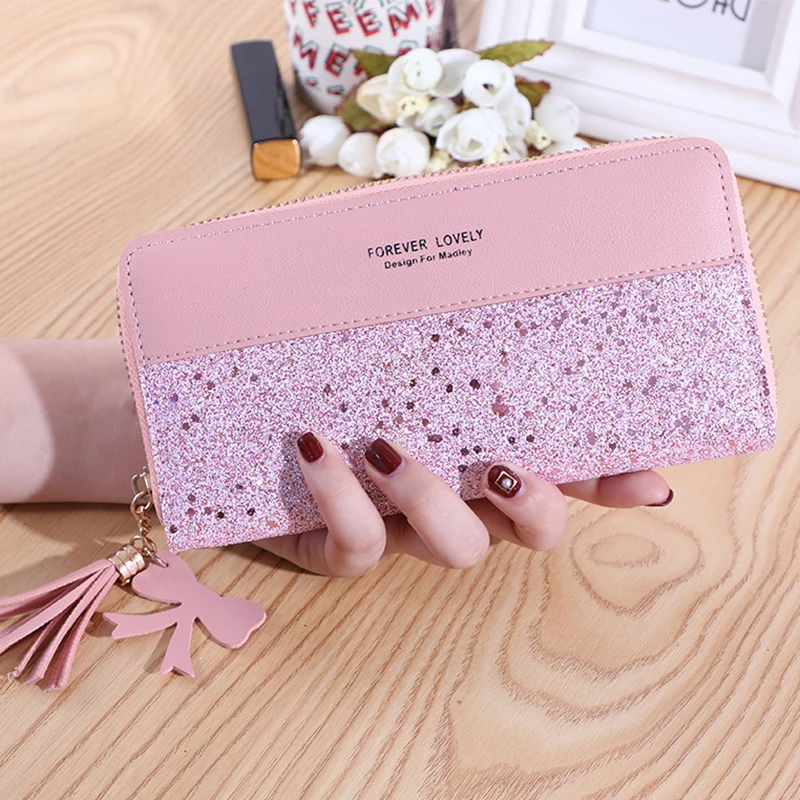 

Trendy Patchwork Women's Wallet Casual Pu Leather Zipper Long Lady Purses Tassel Sequin Mobile Phone Bag Coin Clip Female Clutch