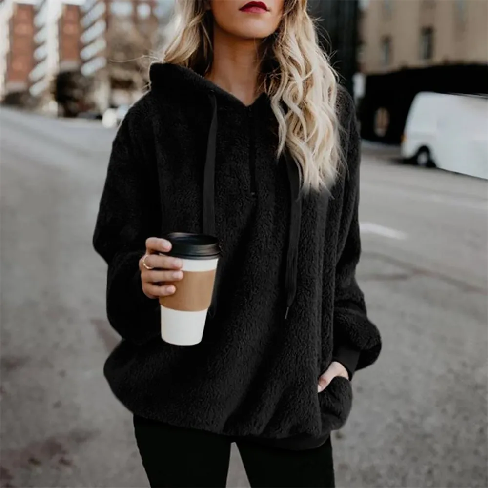 Warm Wool Coat Women Hooded Sweatshirt Winter Zipper Pockets Cotton Outwear Plush Casual Long Sleeve Hoodies sudaderas | Женская одежда