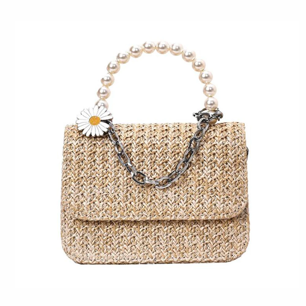

Сумка-кошелек женская из искусственной кожи, маленькая белая плетеная Сумка через плечо с жемчужной ручкой, летняя сумочка из соломы, 2020