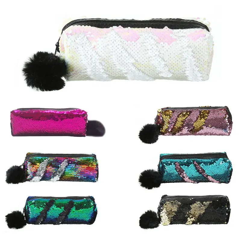 

School Pencil Case Reversible Sequin Hairball Makeup Bag For Girls Student Stationery Supplies
