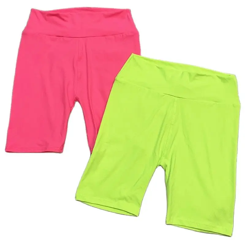 

Free Shipping Bermuda Knee Length Leggings Bright Color Neon Design Pink Green High Waist Biker Shorts