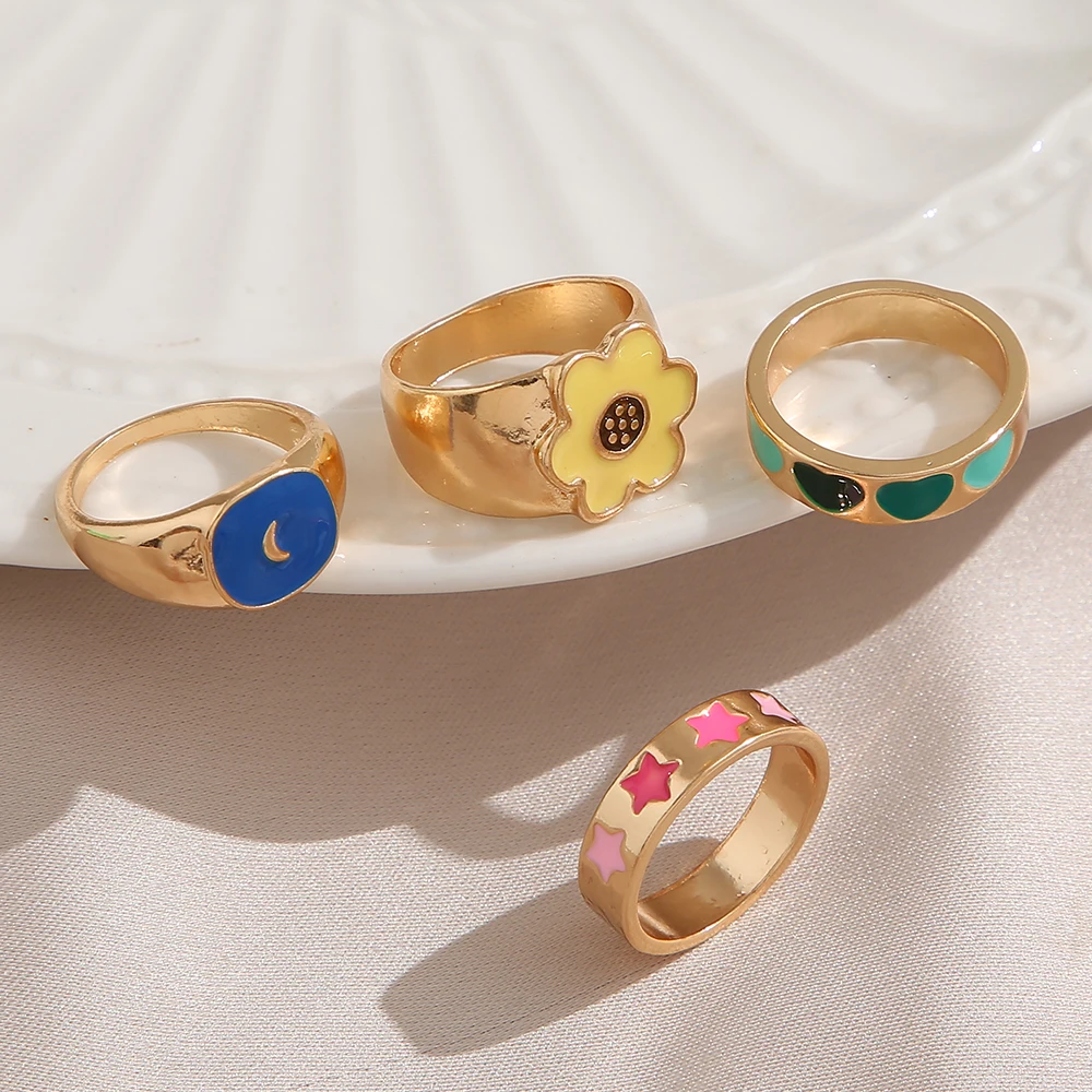 4 шт. простые кольца с цветами сердцем и звездами для женщин креативный дизайн