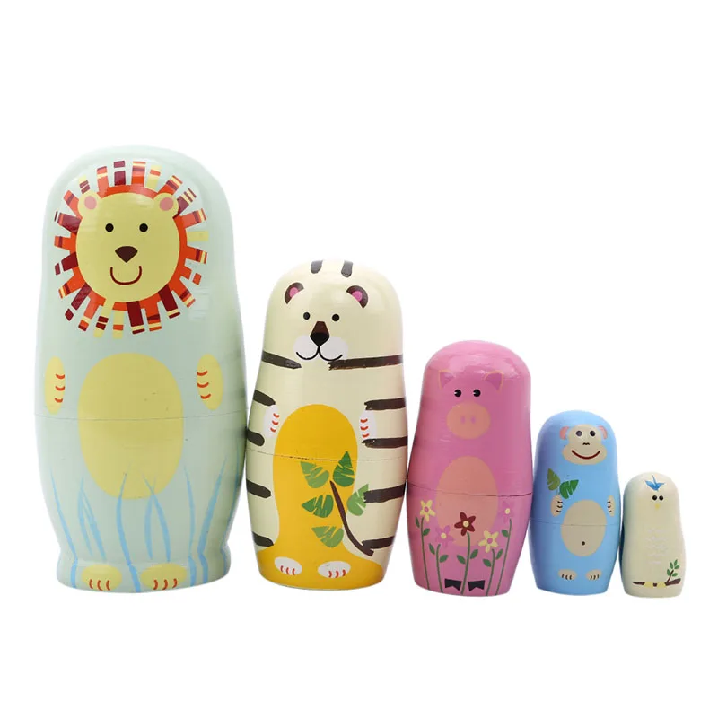 

5 Pcs/Set Cartoon Cyan Lion Russian Dolls Hand Painted Home Decor Birthday Gifts Baby Toy Nesting Dolls Wooden Matryoshka Toys