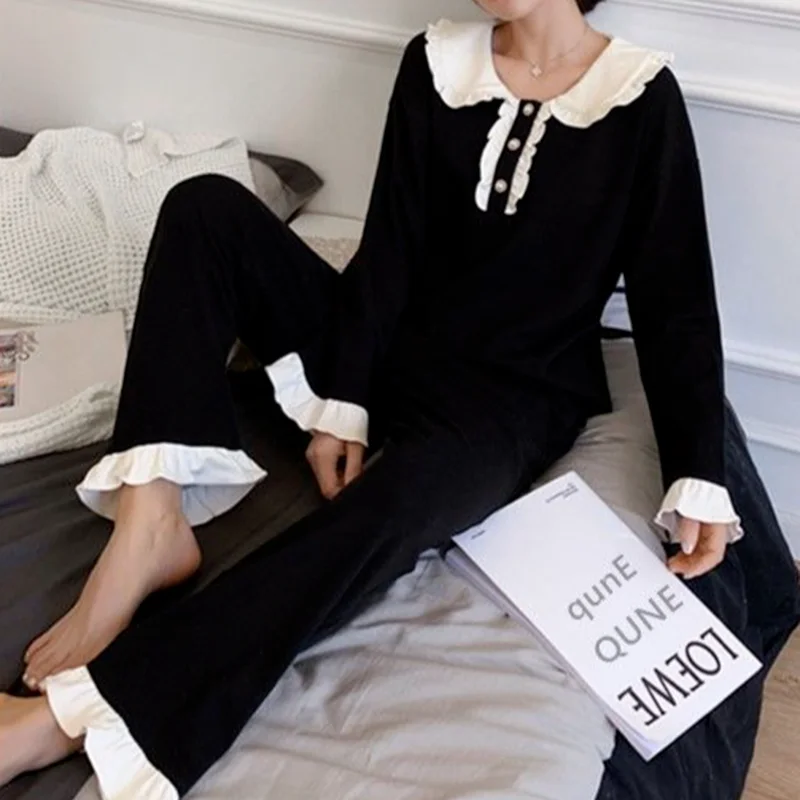

Women Pajama Sets Ruffles Patchwork Black Button Design Gentle Lovely Fashion Korean Style Chic Trendy Leisure Outwear Sleepwear