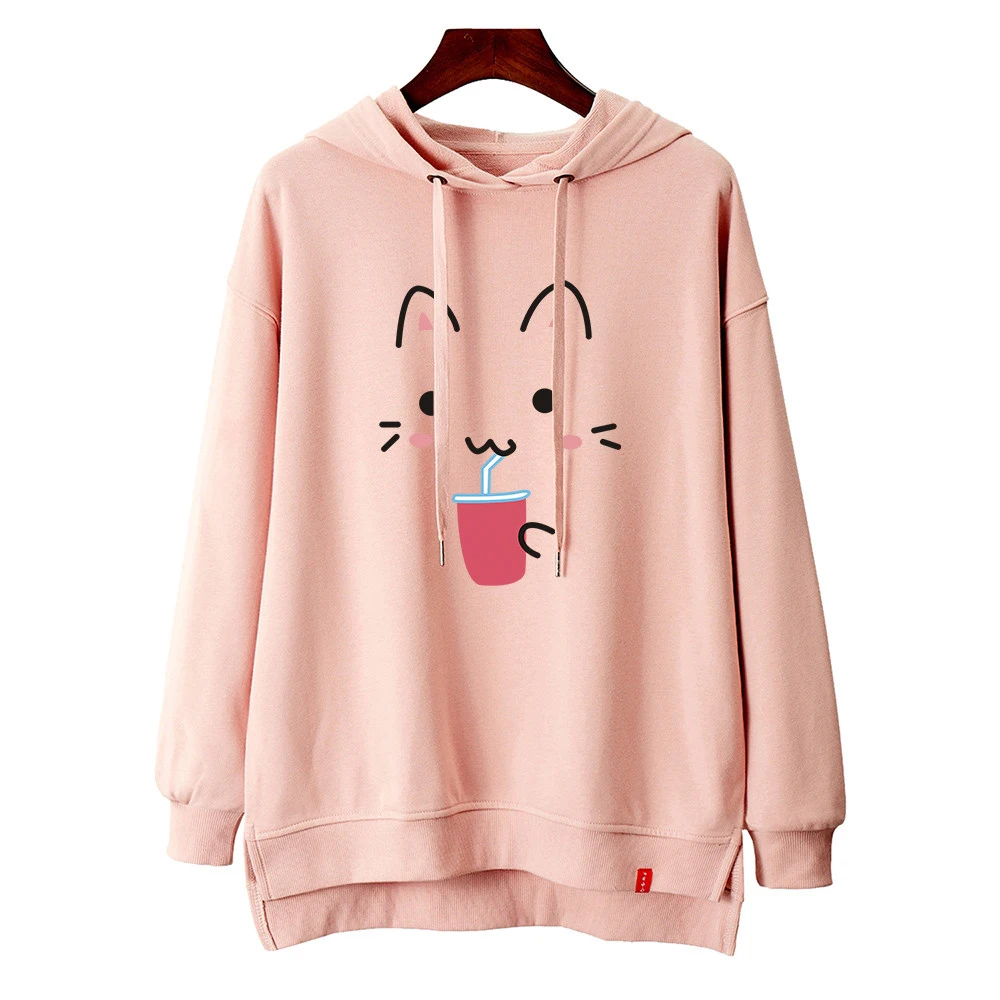 

Забавный Kawaii Cat толстовки для женщин модный принт Хай-стрит розовая детская одежда с длинными рукавами толстовки с капюшоном на каждый день ...