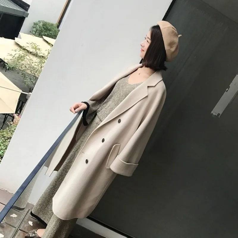 Elegant Beige Women Woolen Coat Autumn Winter Double-Faced Cashmere Outerwear OL Style Fashion Single Breasted Loose Overcoat | Женская