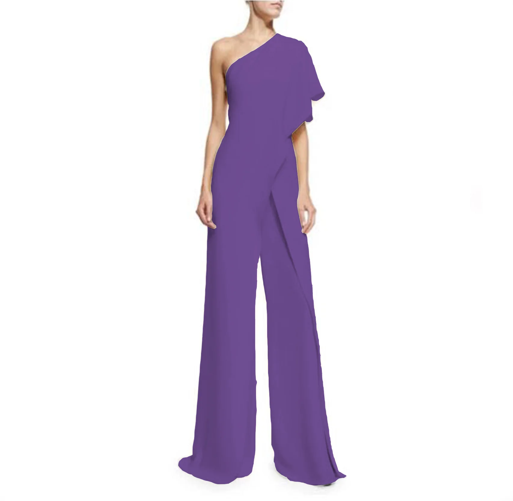 

Pure color fashion casual street one-shoulder shawl jumpsuit