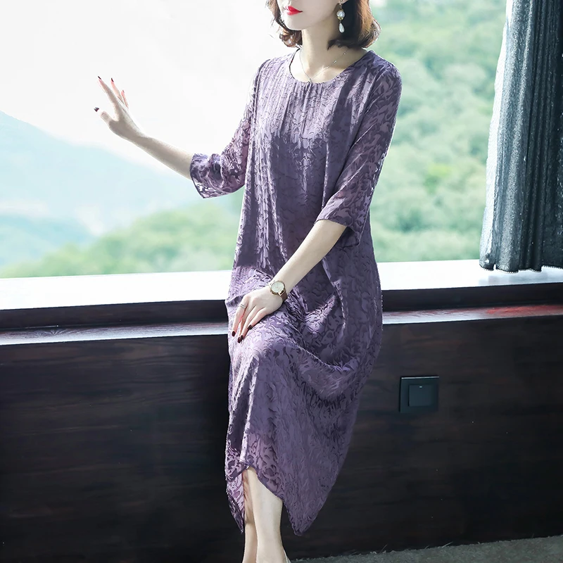 Женское шелковое платье средней длины фиолетовое винтажное модель KJ5706 на весну и
