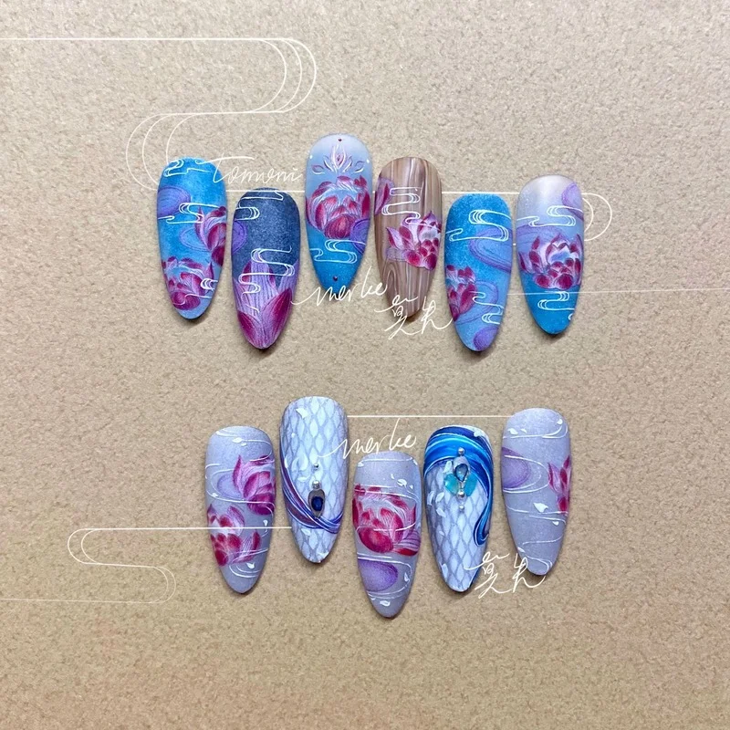 

2021 Trendy Chinese Style Lotus Flower Leaf Nail Art Stickers Ultra-thin Self Adhesive DIY Nail Sticker Decorations Accesoires