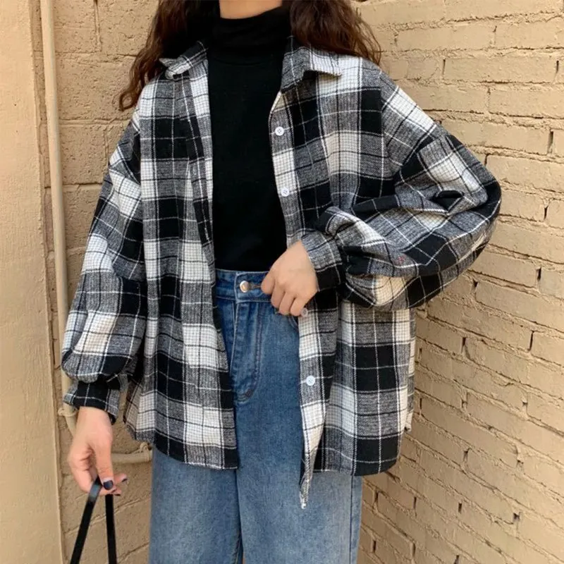 

Muyogrt Women Blouses Turn-down Collar Spring Shirt Plaid All-match BF Batwing-sleeve Loose Outwear Harajuku Female 4 Color Chic