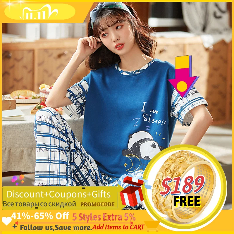 Пижамный комплект Женский трикотажный хлопковый Повседневный пижамный с