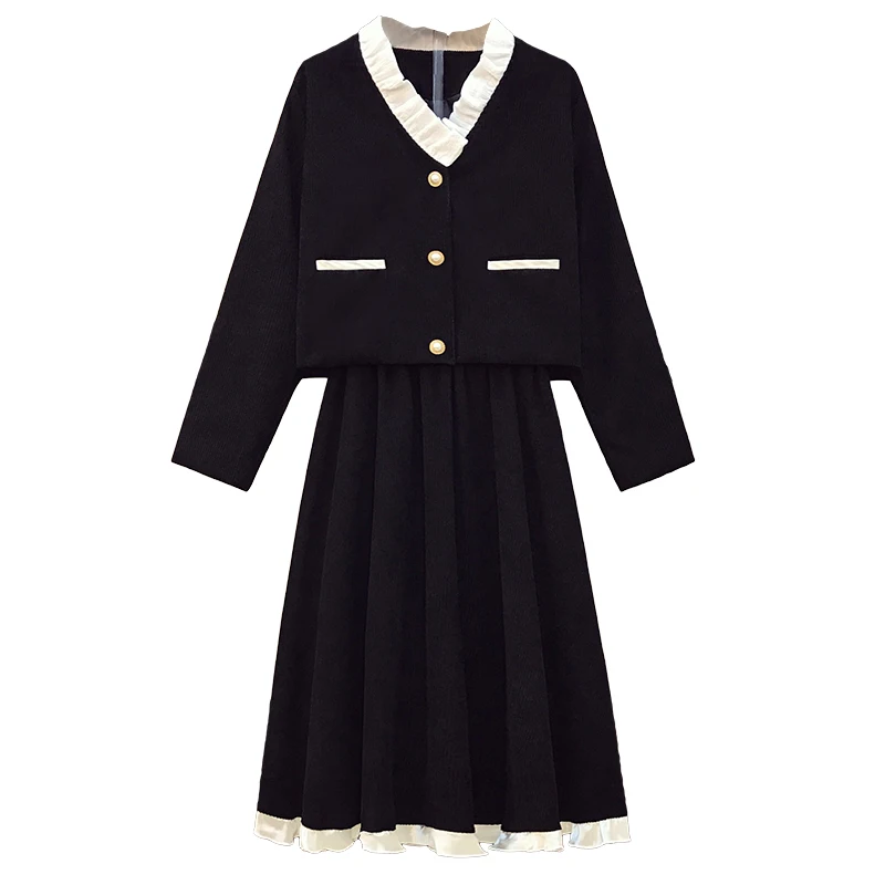 Plus Size 4XL Women Corduroy Black Suit Pearl Buttons Jacket Coat Top And Pleated Skirt Two Piece Set Outfit Winter Clothing |