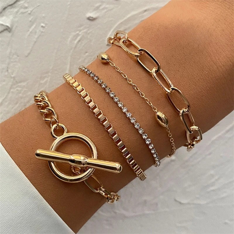 

5 Pcs/Set Punk Gold Crystal Thick Chain Bracelet Female Bohemian Geometric Chain OT Buckle Bracelet Set Jewelry Girl Party Gift