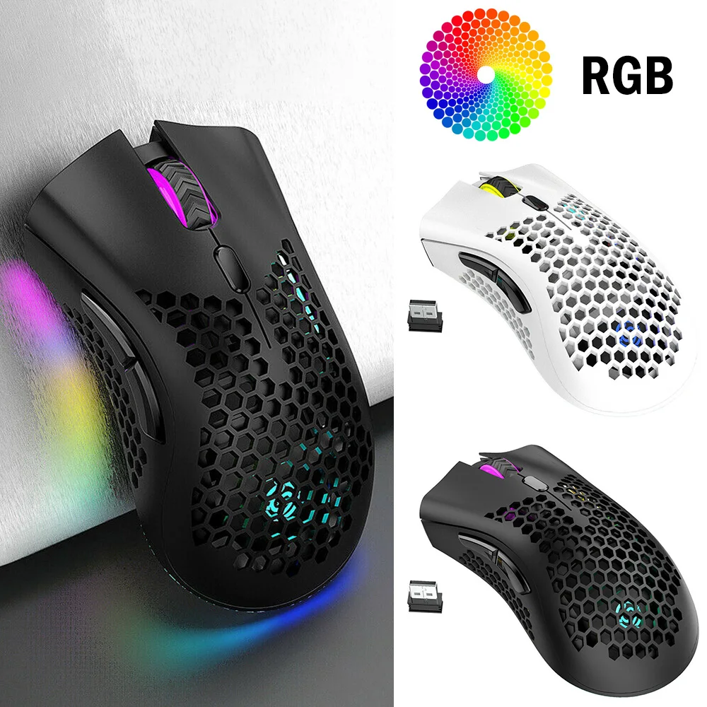 

SAMTIAN 2.4GHz Wireless Gaming Mouse USB Rechargeable 1600DPI Adjustable RGB Backlit Hollow Out Honeycomb Office Gamer Mice