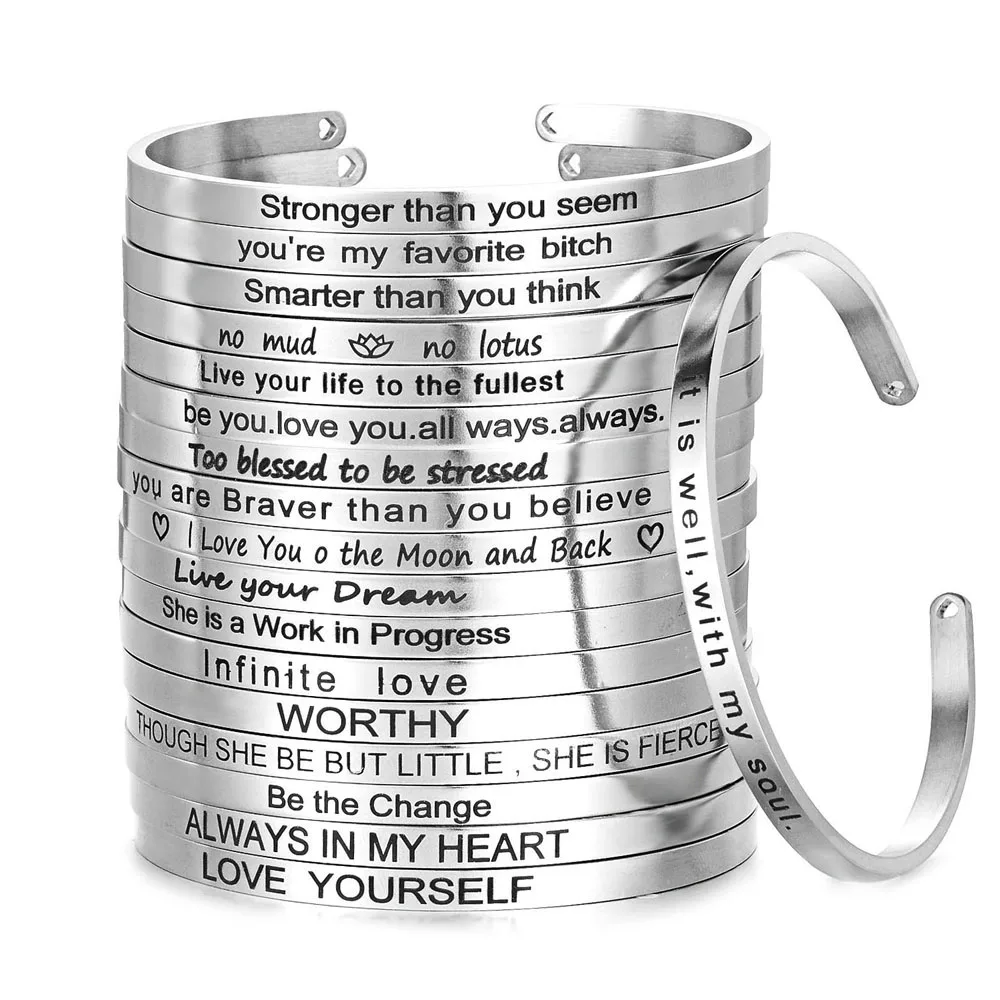 

4mm Silver Quotes Mantra Bracelets 316L Stainless Steel Open Cuff Bangle Fashion Female Inspirational Jewelry Bracelets SL-149