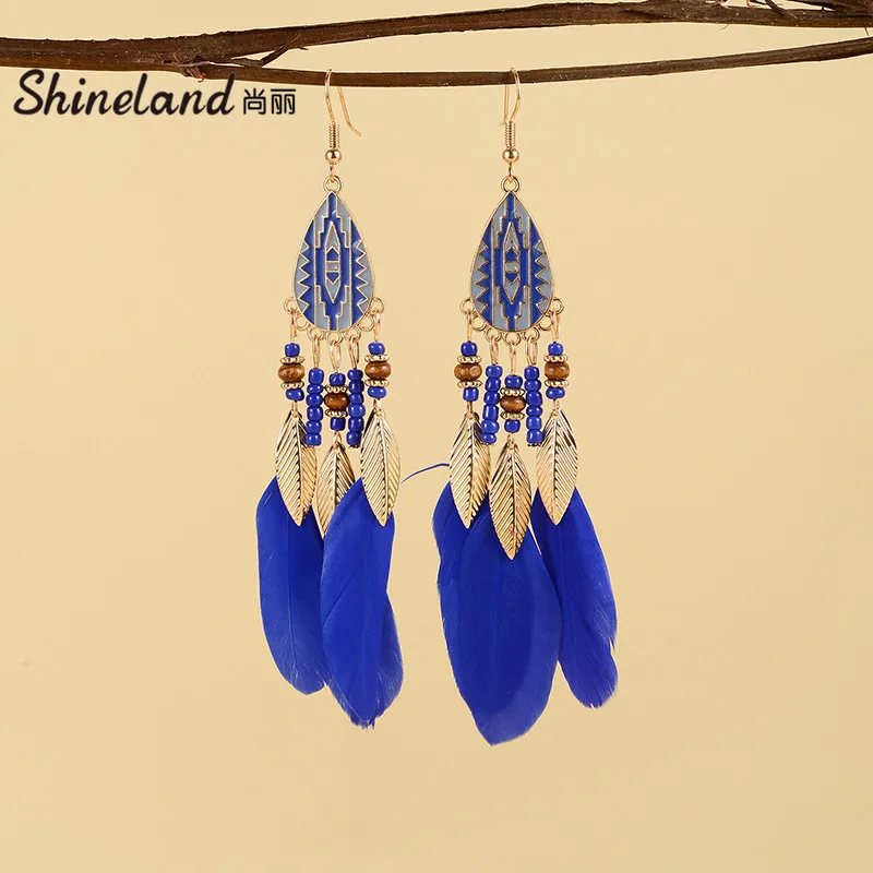 

Shineland Ethnic Bohemian Colorful Beads Feather Tassel Women's Dangl Earrings Water Drop Metal Brincos Indian Vintage Jewelry