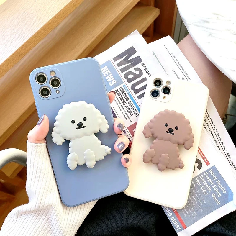 

Square Right Angle 3D Pet Teddy Dog Fold Bracket Soft Silicon Phone Case for Apple Iphone 7 8 Plus X XS XR MAX 11 Pro SE Cover