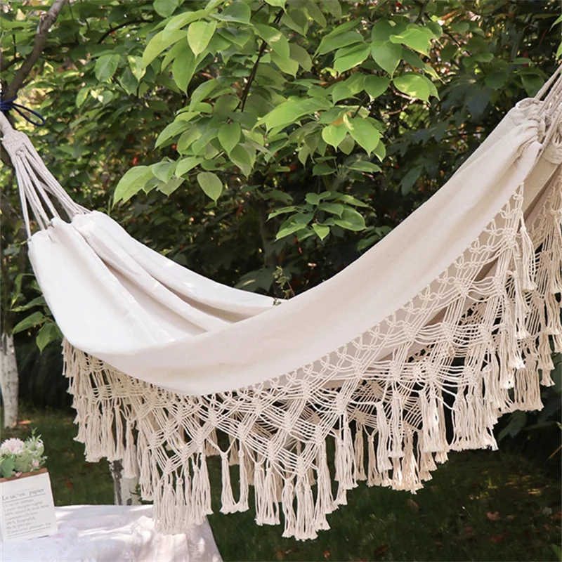 

Double Hammock 200*150cm Boho Macrame Tassels Swing Chair Hanging Bed Outdoor Camping Travel Canvas Hammocks 2 Person Max 200kg