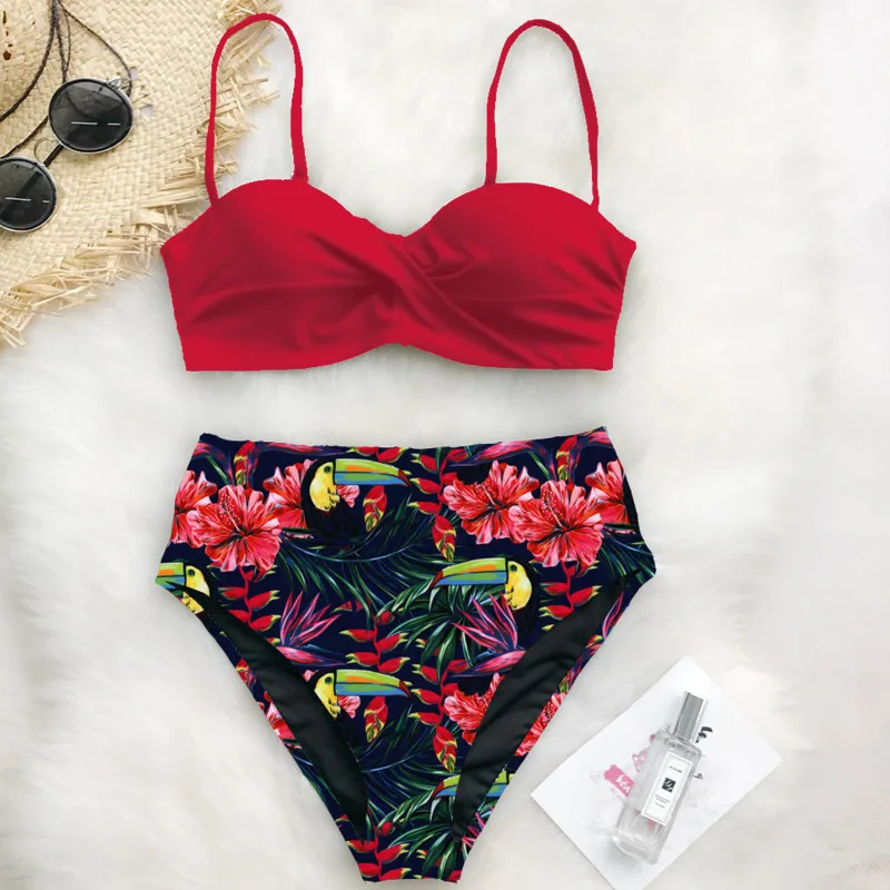 Женские бикини новинка 2021 купальник с высокой талией и цветочным принтом лифчик