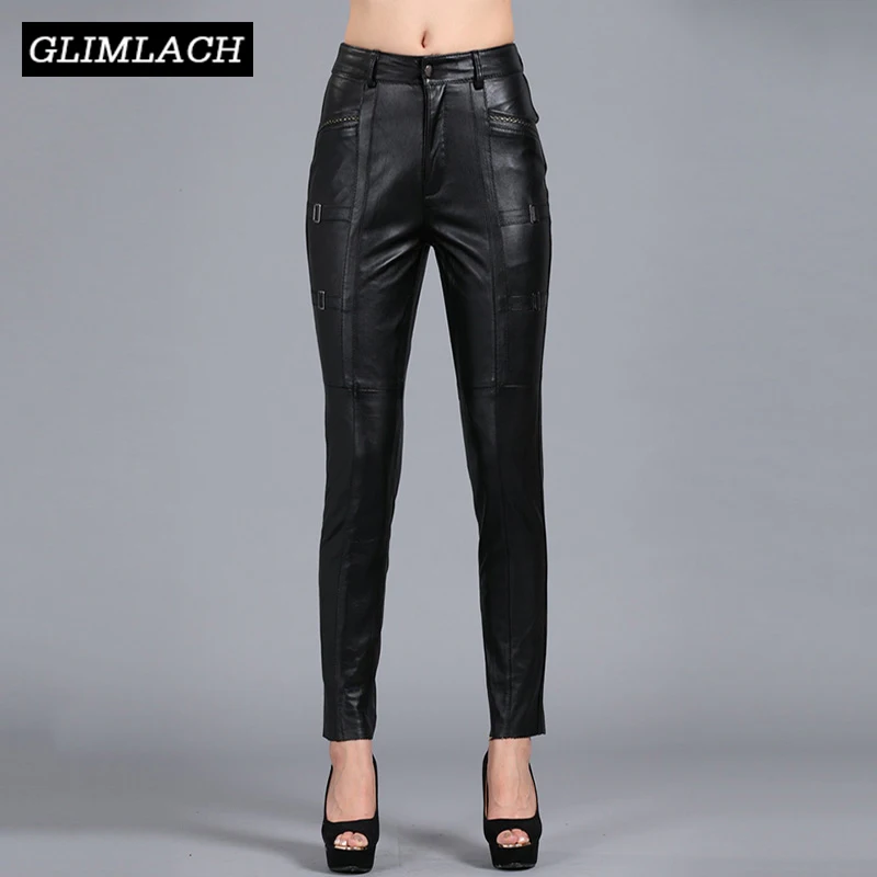 Черные офисные женские брюки из натуральной кожи обтягивающие узкие полной