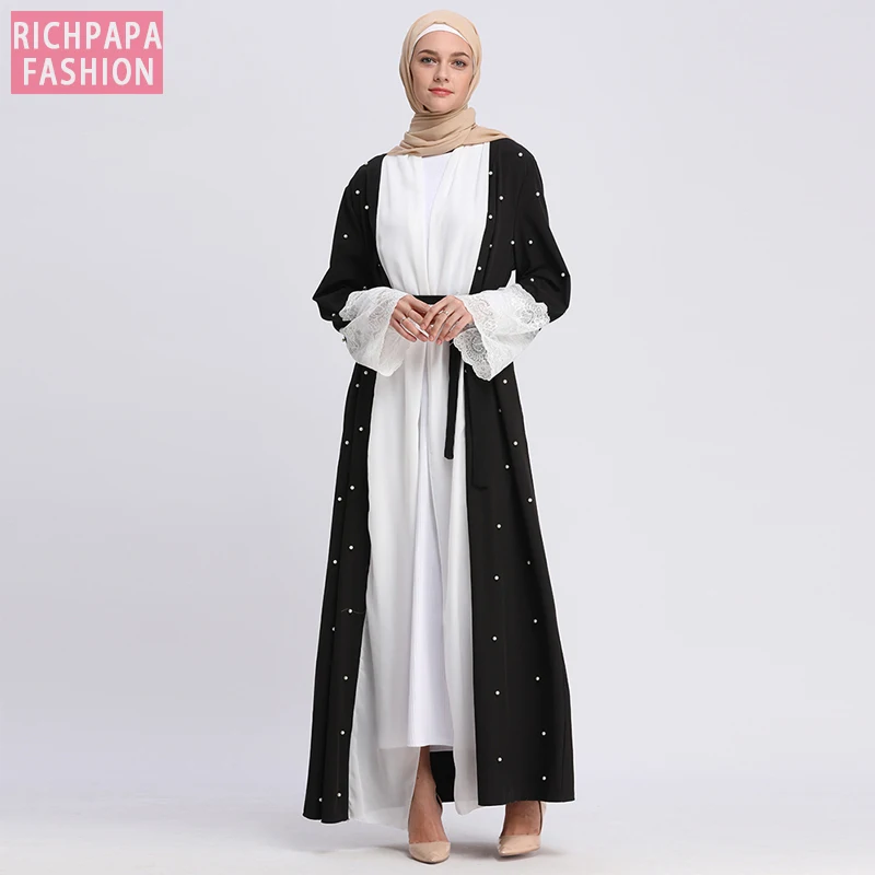 Черная абайя Дубай Кафтан Кружева жемчуг мусульманский хиджаб платье Abayas для