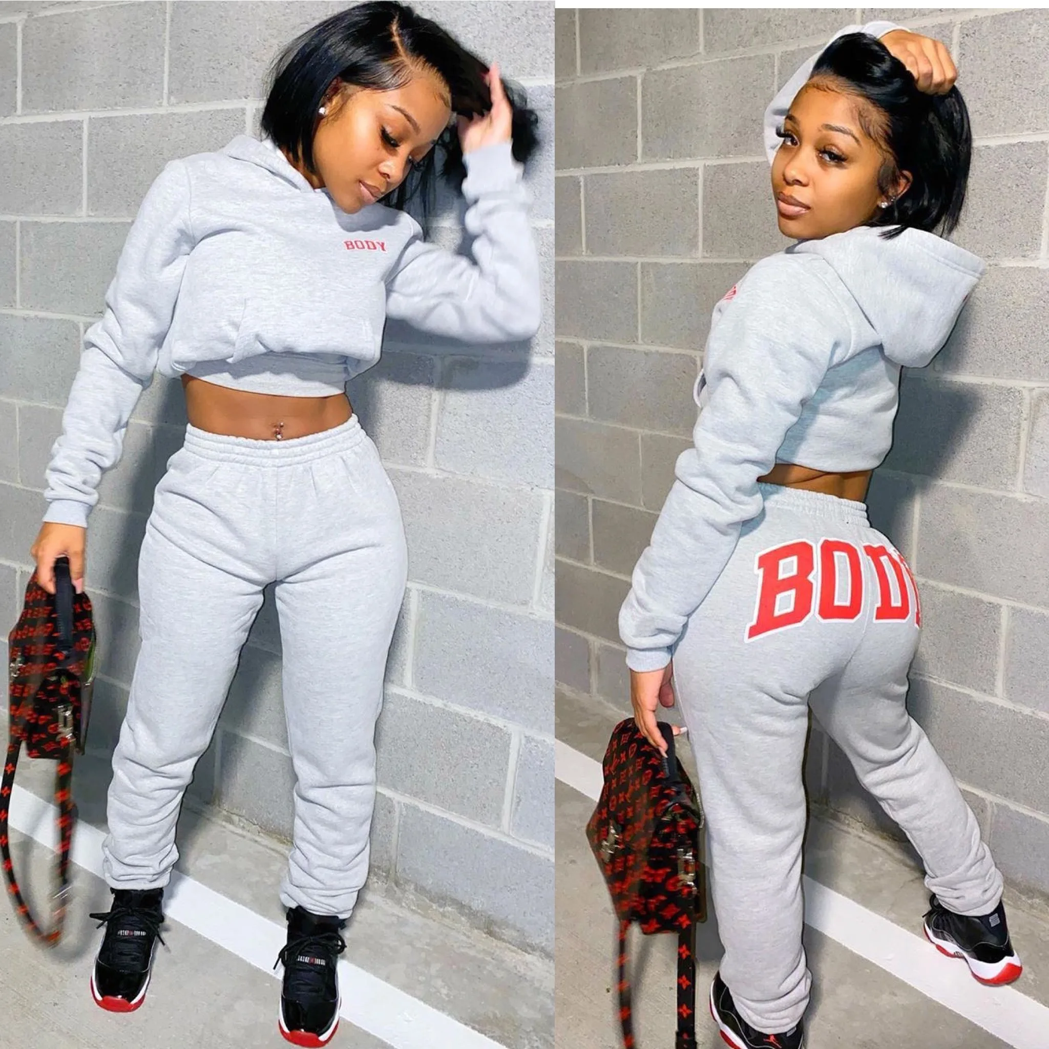 

Letter Print Women Outfit Long Sleeve Hoodies Jogger Sweatpants Suit Active Wear Tracksuit Two Piece Set Fitness Biker Sport Set