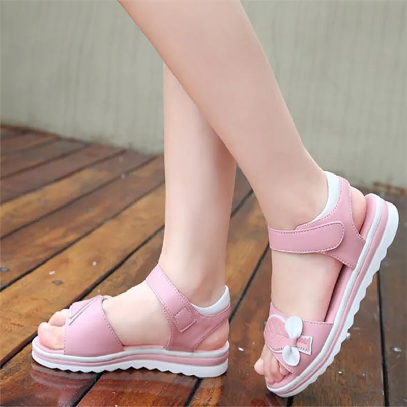 Сандалии детские кожаные с бантом мягкие пляжные босоножки принцессы для