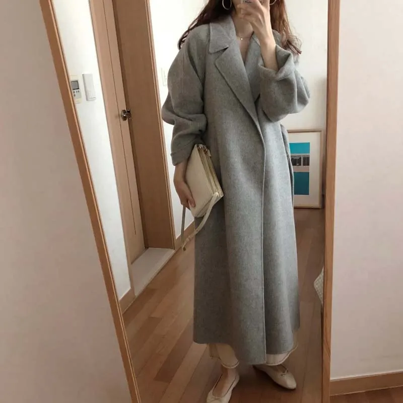 

Korea Women'S Casual Wool Blend Trench Coat Oversize French Elegant Long Coat With Belt Cashmere Outerwear Autumn Winter Mujer