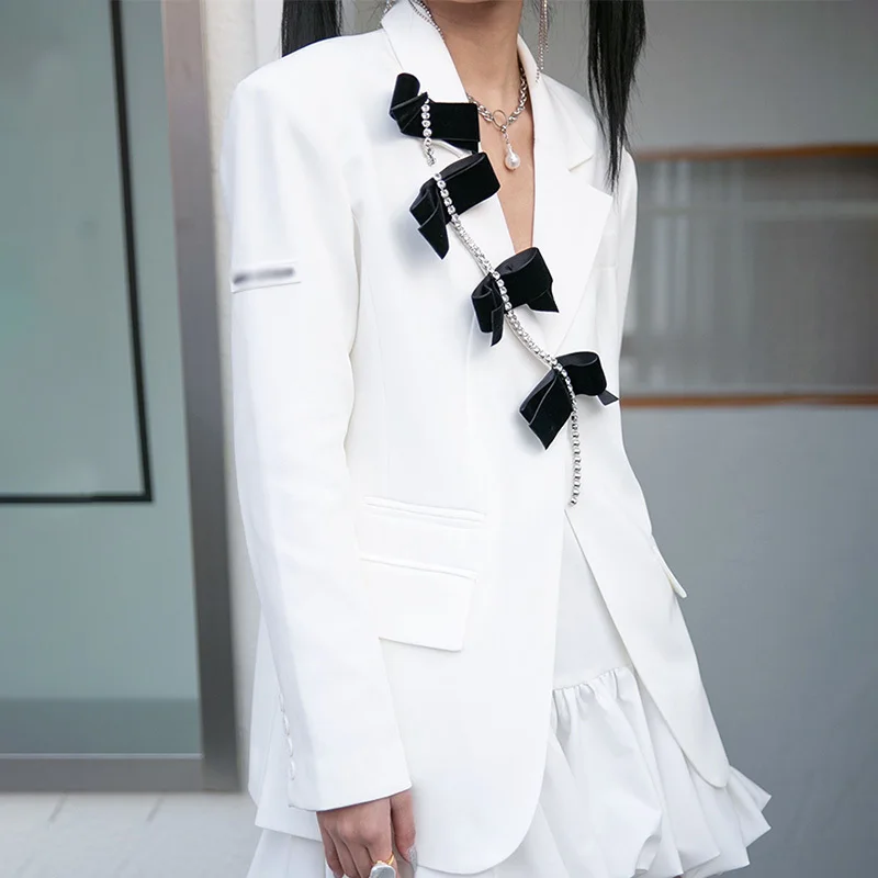 

VGH Casual Korean Streetwear White Blazer For Women Notched Long Sleeve Patchwork Bowknot Diamond Elegant Blazers Female Fashion